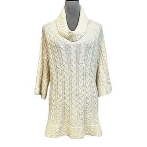 Coldwater Creek Wool Blend Sweater Dress Women’s Ivory Cable Knit Cowl Neck